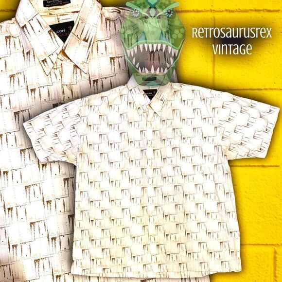 VINTAGE 1980’s Cream Complicated Pattern Casual Button Up Shirt, Medium - Picture 1 of 4